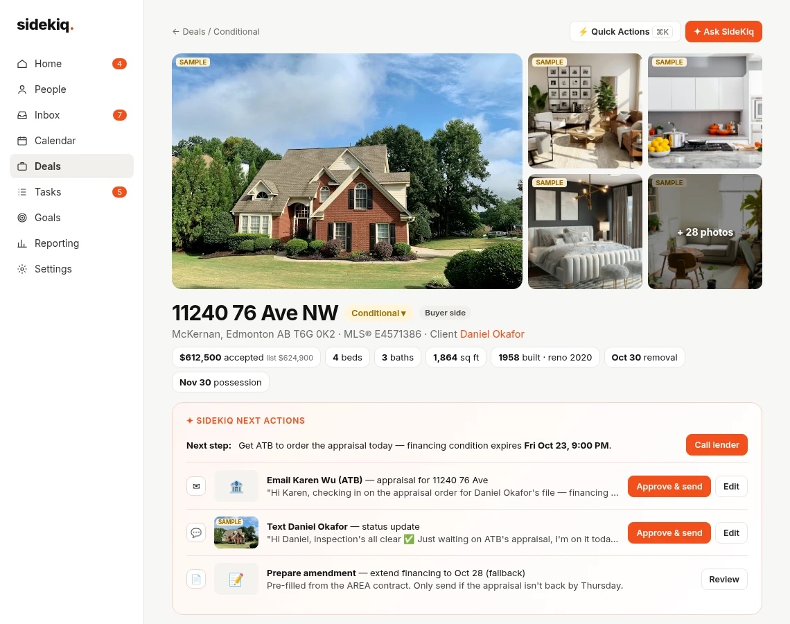 A conditional deal with its key dates and SideKiq's next actions.