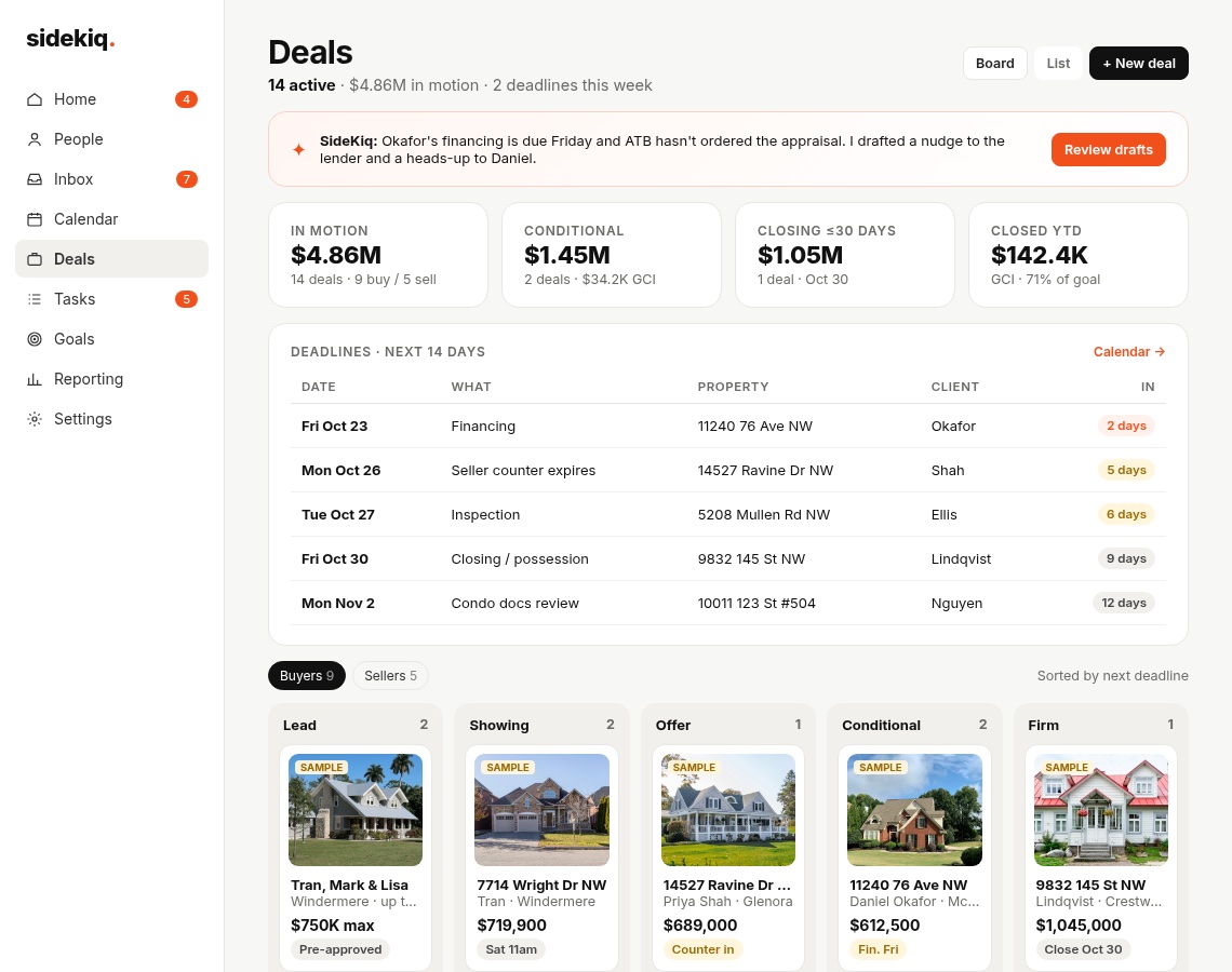 The deals board with deadlines for the next 14 days and deal cards by stage.