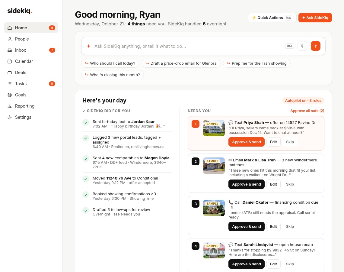 SideKiq's home screen: what SideKiq did overnight on the left, and the four things that need you, each with a drafted message to approve, on the right.