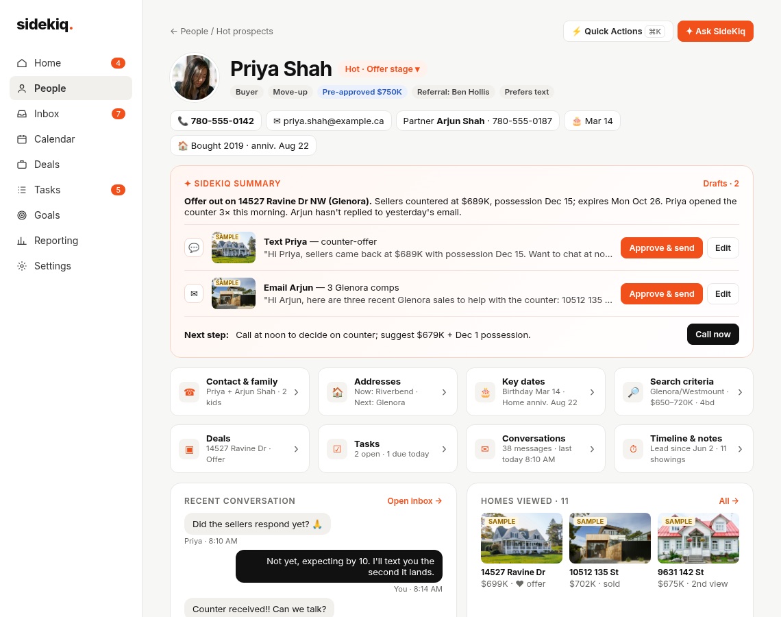 A client page with a SideKiq summary, two drafted messages and the next step.
